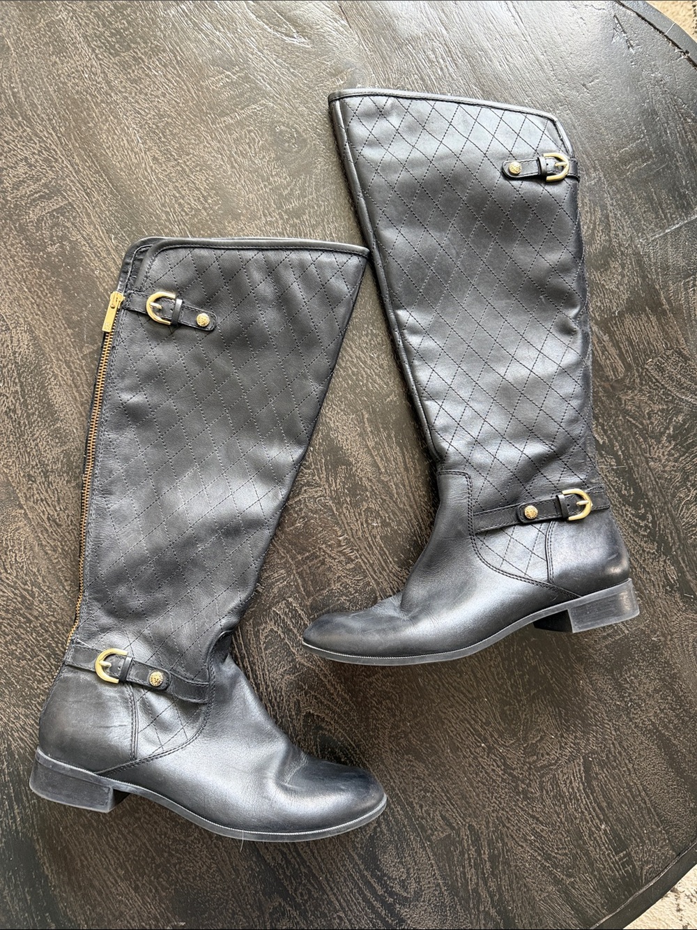 Anne Klein Black Leather Boots with Gold Buckles